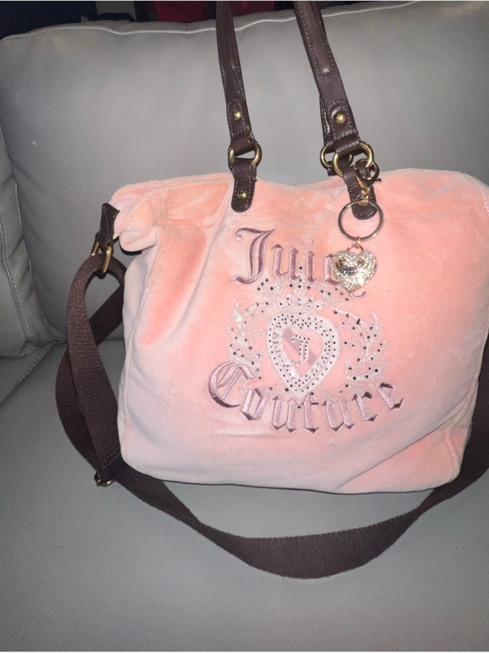 Vintage Juicy Couture Pink Velvet Tote Bag with Brown Straps